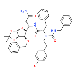 ChemSpider 2D Image | N-{(1S)-3-Amino-1-[(3aS,5S,6R,6aS)-6-(benzyloxy)-2,2-dimethyltetrahydrofuro[2,3-d][1,3]dioxol-5-yl]-3-oxopropyl}-Nalpha-(benzylcarbamoyl)-Nalpha-[2-(4-methoxyphenyl)ethyl]-L-phenylalaninamide | C43H50N4O8