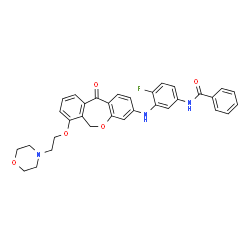 ChemSpider 2D Image | N-[4-Fluoro-3-({7-[2-(4-morpholinyl)ethoxy]-11-oxo-6,11-dihydrodibenzo[b,e]oxepin-3-yl}amino)phenyl]benzamide | C33H30FN3O5