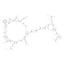 ChemSpider 2D Image | N-{[7,34-Bis(4-aminobutyl)-25-benzyl-13-(3-carbamimidamidopropyl)-16,31-bis(carboxymethyl)-28-isobutyl-19-isopropyl-6,9,12,15,18,21,24,27,30,33,36-undecaoxo-1,2-dithia-5,8,11,14,17,20,23,26,29,32,35-u
ndecaazacyclooctatriacontan-4-yl]carbonyl}glycylglycylglycyl-N-[4-({2-[(4-amino-1-carboxy-4-oxobutyl)amino]-2-oxoethyl}carbamoyl)-7-(3-carbamimidamidopropyl)-6,9-dioxo-1,2-dithia-5,8-diazacycloundecan
-10-yl]glycinamide | C83H133N29O27S4