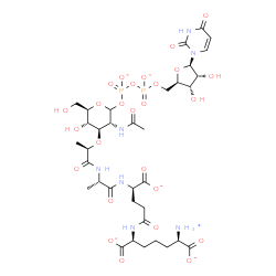 ChemSpider 2D Image | (2S,6R)-2-{[(4R)-4-{[(2S)-2-{[(2R)-2-{[(3R,4R,5S,6R)-3-Acetamido-2-({[({[(2R,3S,4R,5R)-5-(2,4-dioxo-3,4-dihydro-1(2H)-pyrimidinyl)-3,4-dihydroxytetrahydro-2-furanyl]methoxy}phosphinato)oxy]phosphinato
}oxy)-5-hydroxy-6-(hydroxymethyl)tetrahydro-2H-pyran-4-yl]oxy}propanoyl]amino}propanoyl]amino}-4-carboxylatobutanoyl]amino}-6-ammonioheptanedioate | C35H51N7O26P2