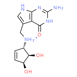 ChemSpider 2D Image | (1S,4S,5R)-N-[(2-Amino-4-oxo-4,7-dihydro-1H-pyrrolo[2,3-d]pyrimidin-5-yl)methyl]-4,5-dihydroxy-2-cyclopenten-1-aminium | C12H16N5O3