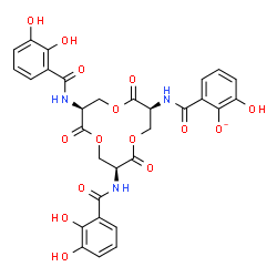 ChemSpider 2D Image | 2-({(3S,7S,11S)-7,11-Bis[(2,3-dihydroxybenzoyl)amino]-2,6,10-trioxo-1,5,9-trioxacyclododecan-3-yl}carbamoyl)-6-hydroxyphenolate | C30H26N3O15