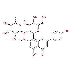 ChemSpider 2D Image | (1S)-1,5-Anhydro-2-O-(6-deoxy-alpha-L-mannopyranosyl)-1-[2-(4-hydroxyphenyl)-7-methoxy-5-oxido-4-oxo-4H-chromen-8-yl]-D-glucitol | C28H31O14