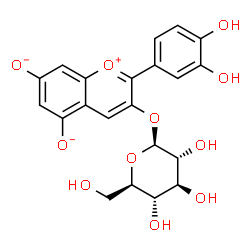 ChemSpider 2D Image | 2-(3,4-Dihydroxyphenyl)-3-(beta-D-glucopyranosyloxy)-5,7-chromeniumdiolate | C21H19O11