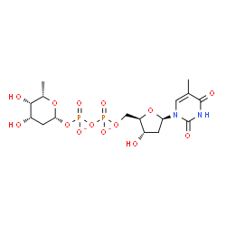 ChemSpider 2D Image | [(2R,4S,5S,6S)-4,5-dihydroxy-6-methyl-tetrahydropyran-2-yl] [[(2R,3S,5R)-3-hydroxy-5-(5-methyl-2,4-dioxo-pyrimidin-1-yl)tetrahydrofuran-2-yl]methoxy-oxido-phosphoryl] phosphate | C16H24N2O14P2