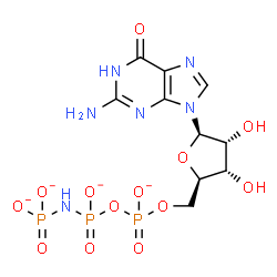 ChemSpider 2D Image | 5'-O-({[(Phosphonatoamino)phosphinato]oxy}phosphinato)guanosine | C10H13N6O13P3