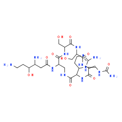 ChemSpider 2D Image | 3,6-Diamino-N-[3-(2-amino-3,4,5,6-tetrahydro-4-pyrimidinyl)-6-[(carbamoylamino)methylene]-9,12-bis(hydroxymethyl)-2,5,8,11,14-pentaoxo-1,4,7,10,13-pentaazacyclohexadecan-15-yl]-4-hydroxyhexanamide (no
n-preferred name) | C25H43N13O10