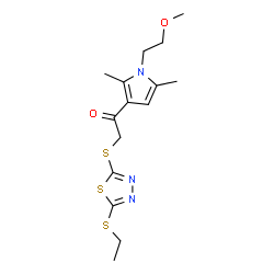 ChemSpider 2D Image | 2-{[5-(Ethylsulfanyl)-1,3,4-thiadiazol-2-yl]sulfanyl}-1-[1-(2-methoxyethyl)-2,5-dimethyl-1H-pyrrol-3-yl]ethanone | C15H21N3O2S3