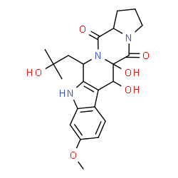 ChemSpider 2D Image | 5a,6-Dihydroxy-12-(2-hydroxy-2-methylpropyl)-9-methoxy-1,2,3,5a,6,11,12,14a-octahydro-5H,14H-pyrrolo[1'',2'':4',5']pyrazino[1',2':1,6]pyrido[3,4-b]indole-5,14-dione | C22H27N3O6