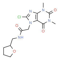 ChemSpider 2D Image | 2-(8-Chloro-1,3-dimethyl-2,6-dioxo-1,2,3,6-tetrahydro-7H-purin-7-yl)-N-(tetrahydro-2-furanylmethyl)acetamide | C14H18ClN5O4