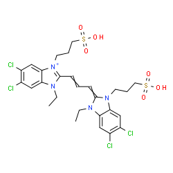 ChemSpider 2D Image | 5,6-Dichloro-2-{3-[5,6-dichloro-1-ethyl-3-(3-sulfopropyl)-1,3-dihydro-2H-benzimidazol-2-ylidene]-1-propen-1-yl}-1-ethyl-3-(3-sulfopropyl)-1H-3,1-benzimidazol-3-ium | C27H31Cl4N4O6S2