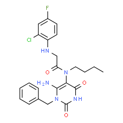 ChemSpider 2D Image | N-(6-Amino-1-benzyl-2,4-dioxo-1,2,3,4-tetrahydro-5-pyrimidinyl)-N-butyl-N~2~-(2-chloro-4-fluorophenyl)glycinamide | C23H25ClFN5O3