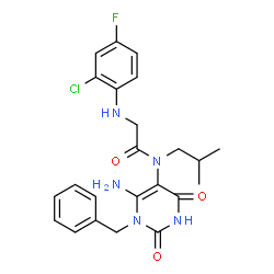 ChemSpider 2D Image | N-(6-Amino-1-benzyl-2,4-dioxo-1,2,3,4-tetrahydro-5-pyrimidinyl)-N~2~-(2-chloro-4-fluorophenyl)-N-isobutylglycinamide | C23H25ClFN5O3