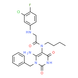 ChemSpider 2D Image | N-(6-Amino-1-benzyl-2,4-dioxo-1,2,3,4-tetrahydro-5-pyrimidinyl)-N-butyl-N~2~-(3-chloro-4-fluorophenyl)glycinamide | C23H25ClFN5O3