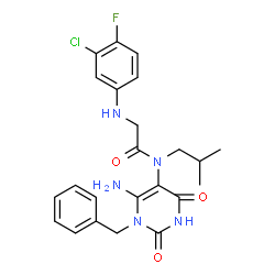ChemSpider 2D Image | N-(6-Amino-1-benzyl-2,4-dioxo-1,2,3,4-tetrahydro-5-pyrimidinyl)-N~2~-(3-chloro-4-fluorophenyl)-N-isobutylglycinamide | C23H25ClFN5O3