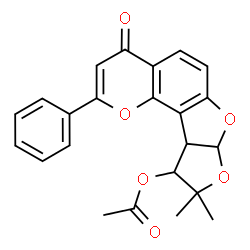 ChemSpider 2D Image | 9,9-Dimethyl-4-oxo-2-phenyl-7a,9,10,10a-tetrahydro-4H-furo[3',2':4,5]furo[2,3-h]chromen-10-yl acetate | C23H20O6