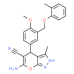 ChemSpider 2D Image | 6-Amino-4-{4-methoxy-3-[(2-methylphenoxy)methyl]phenyl}-3-methyl-2,4-dihydropyrano[2,3-c]pyrazole-5-carbonitrile | C23H22N4O3
