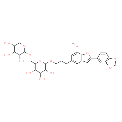 ChemSpider 2D Image | 3-[2-(1,3-Benzodioxol-5-yl)-7-methoxy-1-benzofuran-5-yl]propyl 6-O-pentopyranosylhexopyranoside | C30H36O14