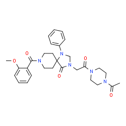 ChemSpider 2D Image | 3-[2-(4-Acetyl-1-piperazinyl)-2-oxoethyl]-8-(2-methoxybenzoyl)-1-phenyl-1,3,8-triazaspiro[4.5]decan-4-one | C29H35N5O5