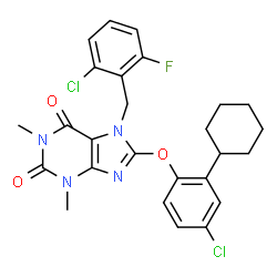 ChemSpider 2D Image | 8-(4-Chloro-2-cyclohexylphenoxy)-7-(2-chloro-6-fluorobenzyl)-1,3-dimethyl-3,7-dihydro-1H-purine-2,6-dione | C26H25Cl2FN4O3