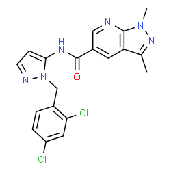 ChemSpider 2D Image | N-[1-(2,4-Dichlorobenzyl)-1H-pyrazol-5-yl]-1,3-dimethyl-1H-pyrazolo[3,4-b]pyridine-5-carboxamide | C19H16Cl2N6O