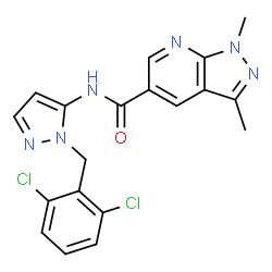 ChemSpider 2D Image | N-[1-(2,6-Dichlorobenzyl)-1H-pyrazol-5-yl]-1,3-dimethyl-1H-pyrazolo[3,4-b]pyridine-5-carboxamide | C19H16Cl2N6O