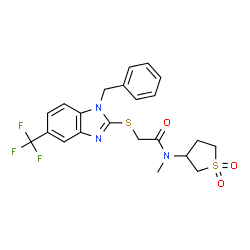 ChemSpider 2D Image | 2-{[1-Benzyl-5-(trifluoromethyl)-1H-benzimidazol-2-yl]sulfanyl}-N-(1,1-dioxidotetrahydro-3-thiophenyl)-N-methylacetamide | C22H22F3N3O3S2