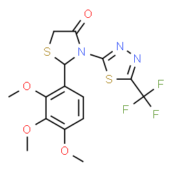ChemSpider 2D Image | 3-[5-(Trifluoromethyl)-1,3,4-thiadiazol-2-yl]-2-(2,3,4-trimethoxyphenyl)-1,3-thiazolidin-4-one | C15H14F3N3O4S2