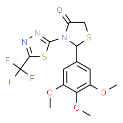 ChemSpider 2D Image | 3-[5-(Trifluoromethyl)-1,3,4-thiadiazol-2-yl]-2-(3,4,5-trimethoxyphenyl)-1,3-thiazolidin-4-one | C15H14F3N3O4S2