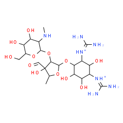 ChemSpider 2D Image | N,N'-[4-({5-Deoxy-2-O-[2-deoxy-2-(methylamino)hexopyranosyl]-3-C-formylpentofuranosyl}oxy)-2,5,6-trihydroxy-1,3-cyclohexanediyl]bis(diaminomethaniminium) | C21H41N7O12
