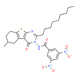 ChemSpider 2D Image | N-(6-Methyl-2-nonyl-4-oxo-5,6,7,8-tetrahydro[1]benzothieno[2,3-d]pyrimidin-3(4H)-yl)-3,5-dinitrobenzamide | C27H33N5O6S