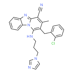 ChemSpider 2D Image | 2-(2-Chlorobenzyl)-1-{[3-(1H-imidazol-1-yl)propyl]amino}-3-methylpyrido[1,2-a]benzimidazole-4-carbonitrile | C26H23ClN6
