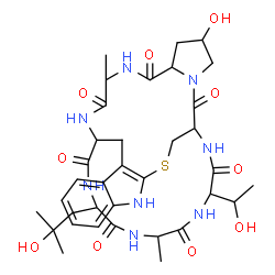 ChemSpider 2D Image | 18-Hydroxy-34-(1-hydroxyethyl)-28-(2-hydroxy-2-methylpropyl)-23,31-dimethyl-12-thia-10,16,22,25,27,30,33,36-octaazapentacyclo[12.11.11.0~3,11~.0~4,9~.0~16,20~]hexatriaconta-3(11),4,6,8-tetraene-15,21,
24,26,29,32,35-heptone | C35H48N8O10S