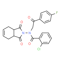 ChemSpider 2D Image | 2-Chloro-N-(1,3-dioxo-1,3,3a,4,7,7a-hexahydro-2H-isoindol-2-yl)-N-[2-(4-fluorophenyl)-2-oxoethyl]benzamide | C23H18ClFN2O4