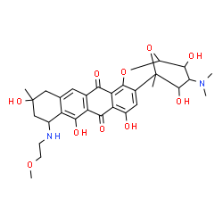 ChemSpider 2D Image | 4-(dimethylamino)-3,5,8,10,13-pentahydroxy-11-[(2-methoxyethyl)amino]-6,13-dimethyl-3,4,5,6,11,12,13,14-octahydro-2H-2,6-epoxytetraceno[1,2-b]oxocine-9,16-dione | C30H36N2O10