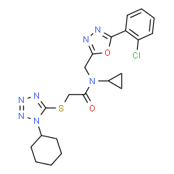 ChemSpider 2D Image | N-{[5-(2-Chlorophenyl)-1,3,4-oxadiazol-2-yl]methyl}-2-[(1-cyclohexyl-1H-tetrazol-5-yl)sulfanyl]-N-cyclopropylacetamide | C21H24ClN7O2S