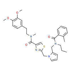 ChemSpider 2D Image | N-[2-(3,4-Dimethoxyphenyl)ethyl]-N-methyl-2-[(2-{[(2-methylbenzoyl)(propyl)amino]methyl}-1H-pyrrol-1-yl)methyl]-1,3-thiazole-4-carboxamide | C32H38N4O4S