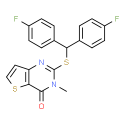 ChemSpider 2D Image | 2-{[Bis(4-fluorophenyl)methyl]sulfanyl}-3-methylthieno[3,2-d]pyrimidin-4(3H)-one | C20H14F2N2OS2