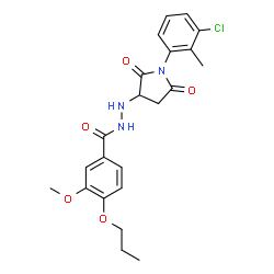 ChemSpider 2D Image | N'-[1-(3-Chloro-2-methylphenyl)-2,5-dioxo-3-pyrrolidinyl]-3-methoxy-4-propoxybenzohydrazide | C22H24ClN3O5