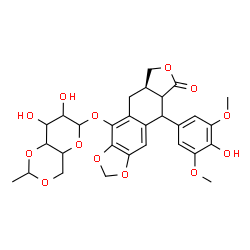 ChemSpider 2D Image | (5aR)-9-(4-Hydroxy-3,5-dimethoxyphenyl)-8-oxo-5,5a,6,8,8a,9-hexahydrofuro[3',4':6,7]naphtho[2,3-d][1,3]dioxol-4-yl 4,6-O-ethylidenehexopyranoside | C29H32O13