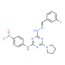 ChemSpider 2D Image | 4-[2-(3-Fluorobenzylidene)hydrazino]-N-(4-nitrophenyl)-6-(1-pyrrolidinyl)-1,3,5-triazin-2-amine | C20H19FN8O2