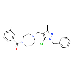 ChemSpider 2D Image | {4-[(1-Benzyl-5-chloro-3-methyl-1H-pyrazol-4-yl)methyl]-1,4-diazepan-1-yl}(3-fluorophenyl)methanone | C24H26ClFN4O