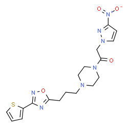 ChemSpider 2D Image | 2-(3-Nitro-1H-pyrazol-1-yl)-1-(4-{3-[3-(2-thienyl)-1,2,4-oxadiazol-5-yl]propyl}-1-piperazinyl)ethanone | C18H21N7O4S