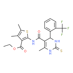 ChemSpider 2D Image | Ethyl 4,5-dimethyl-2-[({6-methyl-2-thioxo-4-[2-(trifluoromethyl)phenyl]-1,2,3,4-tetrahydro-5-pyrimidinyl}carbonyl)amino]-3-thiophenecarboxylate | C22H22F3N3O3S2