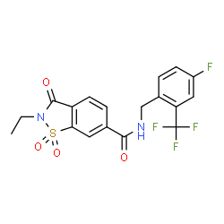 ChemSpider 2D Image | 2-Ethyl-N-[4-fluoro-2-(trifluoromethyl)benzyl]-3-oxo-2,3-dihydro-1,2-benzothiazole-6-carboxamide 1,1-dioxide | C18H14F4N2O4S
