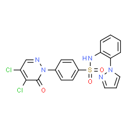 ChemSpider 2D Image | 4-(4,5-Dichloro-6-oxo-1(6H)-pyridazinyl)-N-[2-(1H-pyrazol-1-yl)phenyl]benzenesulfonamide | C19H13Cl2N5O3S