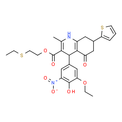 ChemSpider 2D Image | 2-(Ethylsulfanyl)ethyl 4-(3-ethoxy-4-hydroxy-5-nitrophenyl)-2-methyl-5-oxo-7-(2-thienyl)-1,4,5,6,7,8-hexahydro-3-quinolinecarboxylate | C27H30N2O7S2
