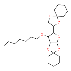 ChemSpider 2D Image | 5'-(1,4-Dioxaspiro[4.5]dec-2-yl)-6'-(heptyloxy)tetrahydrospiro[cyclohexane-1,2'-furo[2,3-d][1,3]dioxole] | C25H42O6