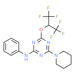 ChemSpider 2D Image | 4-[(1,1,1,3,3,3-Hexafluoro-2-propanyl)oxy]-N-phenyl-6-(1-piperidinyl)-1,3,5-triazin-2-amine | C17H17F6N5O