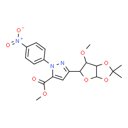 ChemSpider 2D Image | Methyl 3-(6-methoxy-2,2-dimethyltetrahydrofuro[2,3-d][1,3]dioxol-5-yl)-1-(4-nitrophenyl)-1H-pyrazole-5-carboxylate | C19H21N3O8